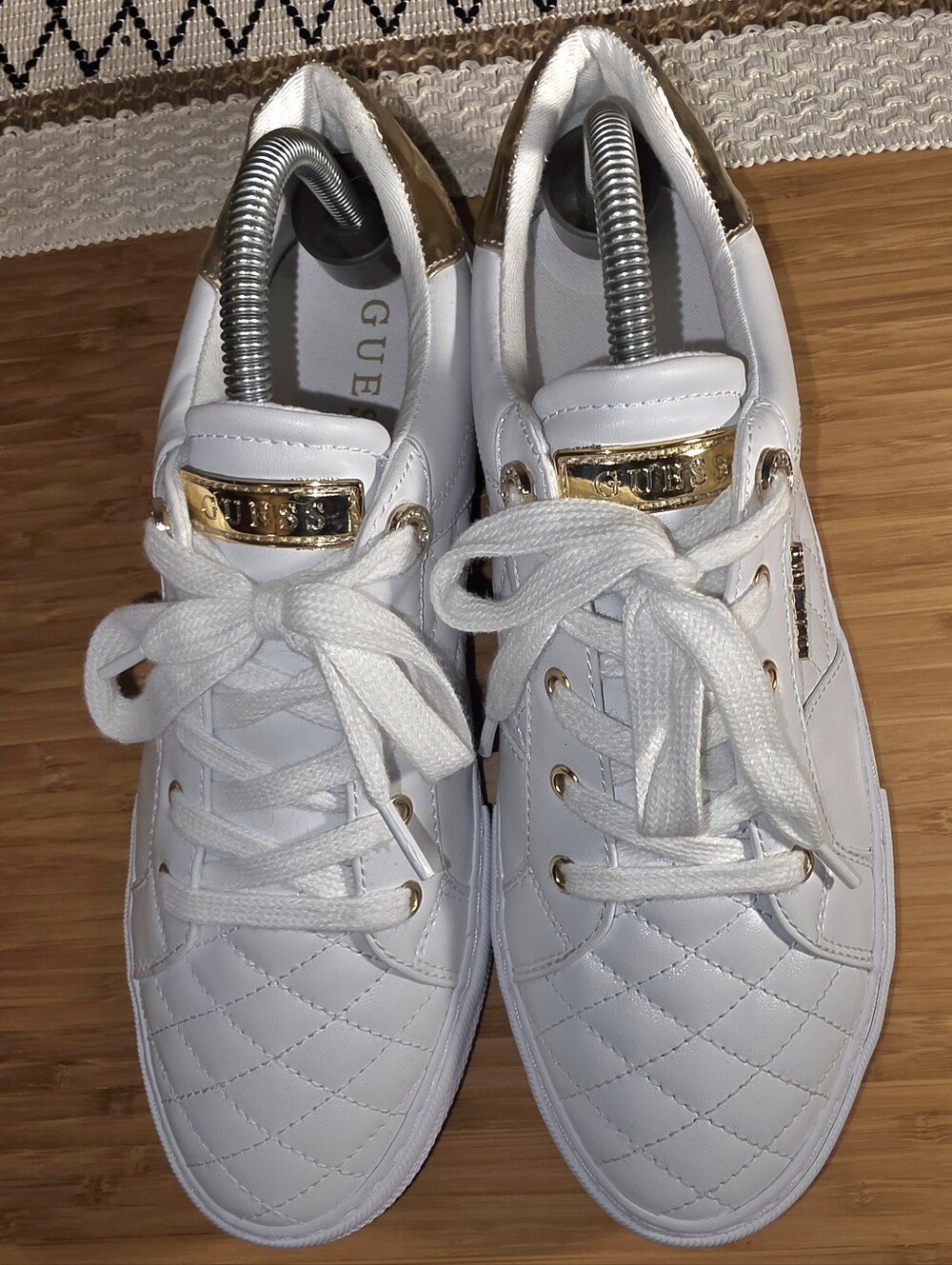 Guess White "Loven" Quilted Sneakers with Gold Accents